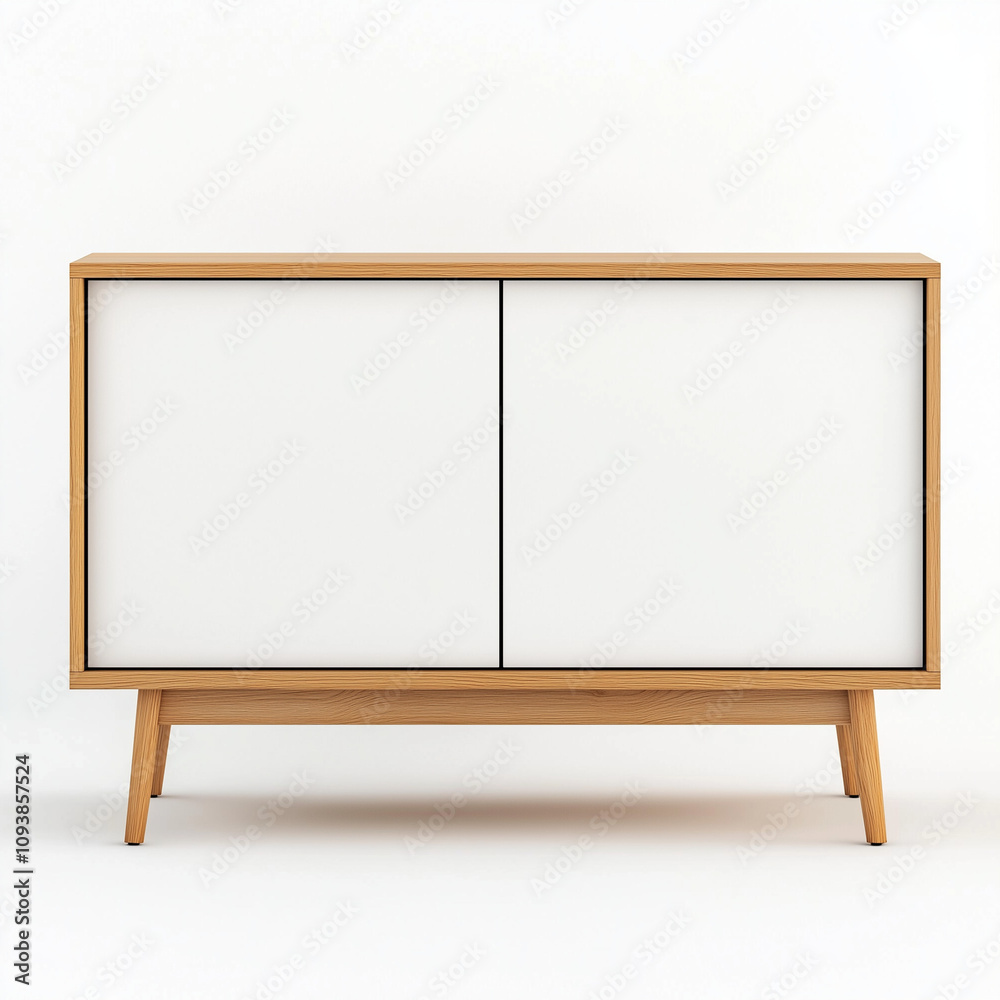 Scandinavian sideboard matte white and oak combination sliding doors isolated on white background