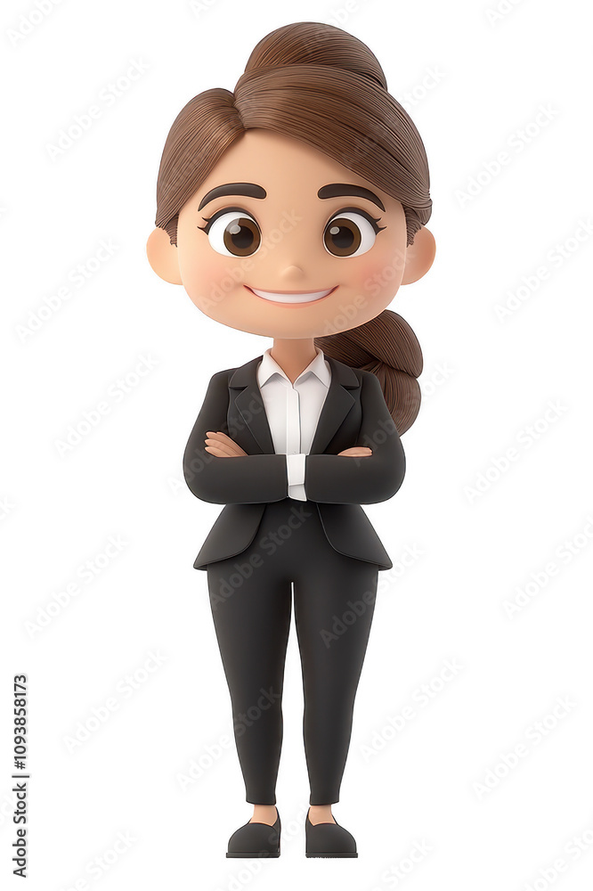 3D cartoon businesswoman with joyful smile, wearing black suit and standing confidently with arms crossed. This character embodies professionalism and positivity 3D cartoon businesswoman with joyful smile, wearing black suit and standing confidently with arms crossed. This character embodies professionalism and positivity