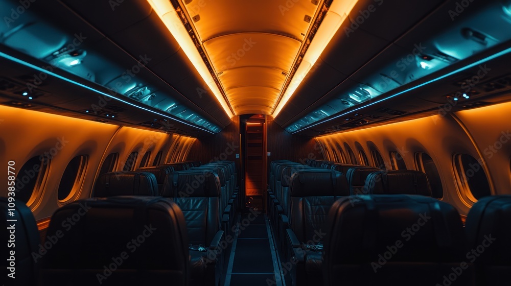 Airplane Cabin Interior at Night: Orange and Teal Lighting Airplane Cabin Interior at Night: Orange and Teal Lighting