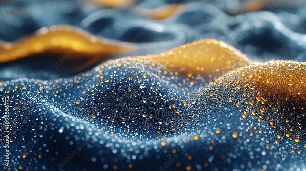 Abstract Blue And Gold Water Droplets On Wavy Surface