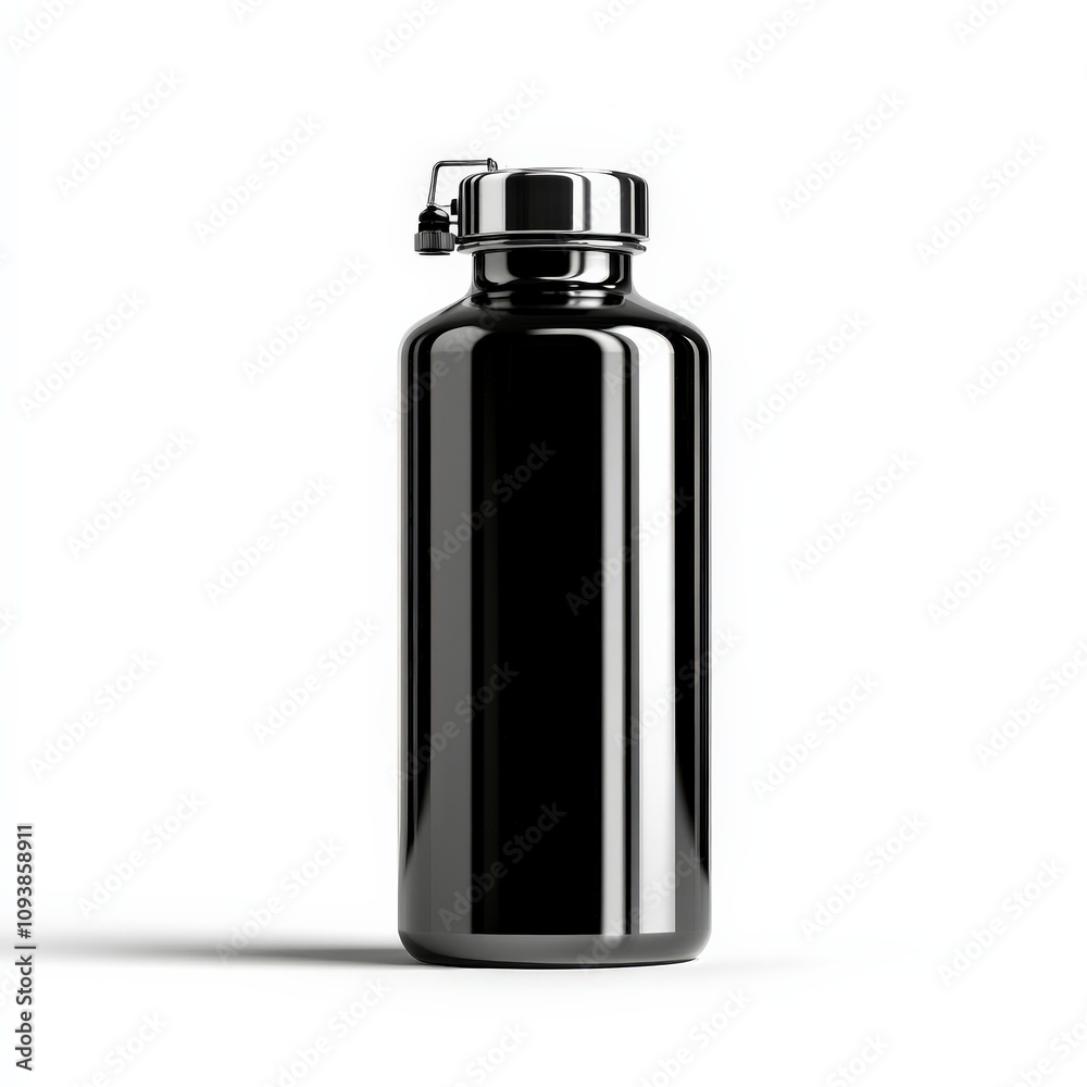 A sleek, shiny black water bottle with a screw-on lid, designed for hydration and outdoor activities. A sleek, shiny black water bottle with a screw-on lid, designed for hydration and outdoor activities.