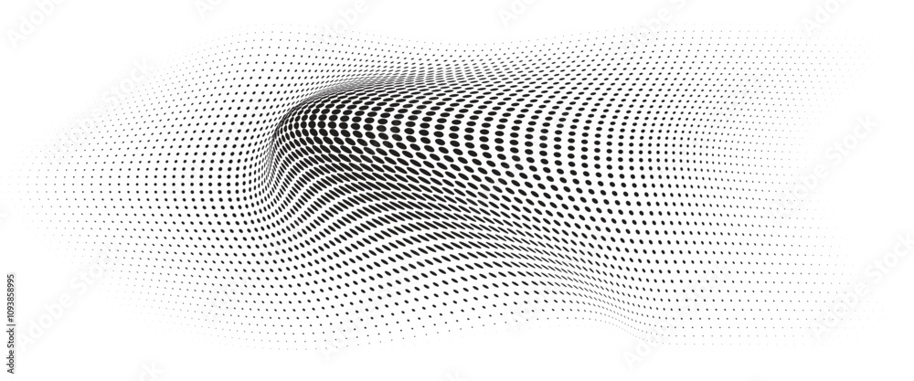 Flowing Wave Dot Halftone Pattern: Curve Gradient Shape on Transparent Background. Suitable for AI, Tech, Network, Digital, Science, and Technology Themes. Flowing Wave Dot Halftone Pattern: Curve Gradient Shape on Transparent Background. Suitable for AI, Tech, Network, Digital, Science, and Technology Themes.