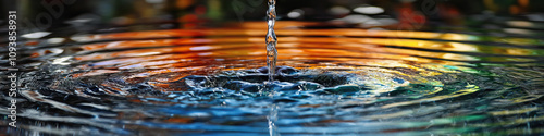 A serene water fountain, sending cascading streams of colored water into a reflecting pool.