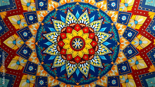 a mandala influenced by ancient symbols, combining geometric shapes with sacred patterns, using rich colors like gold, red, and deep blue to evoke a sense of spirituality.