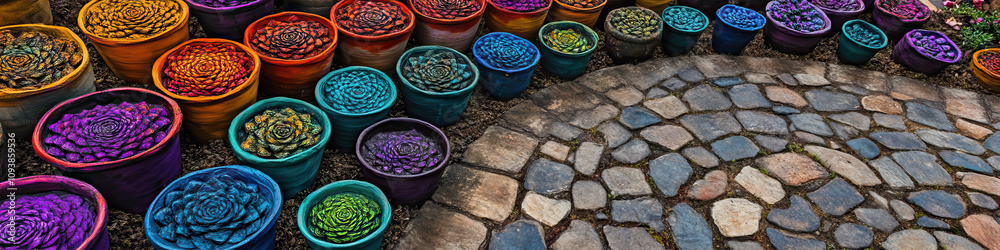 Fototapeta premium Fractal Flowerbed: A bed of colorful, intricately patterned flower pots, arranged in a spiral formation along a stone path.