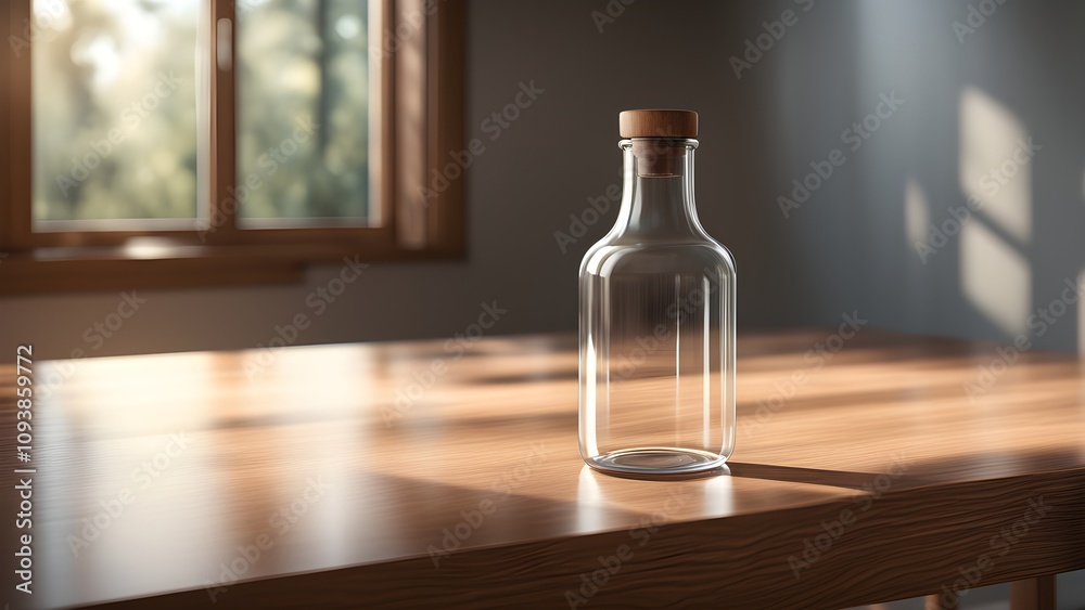 Empty glass bottle with cork stopper on wooden table in sunlight.