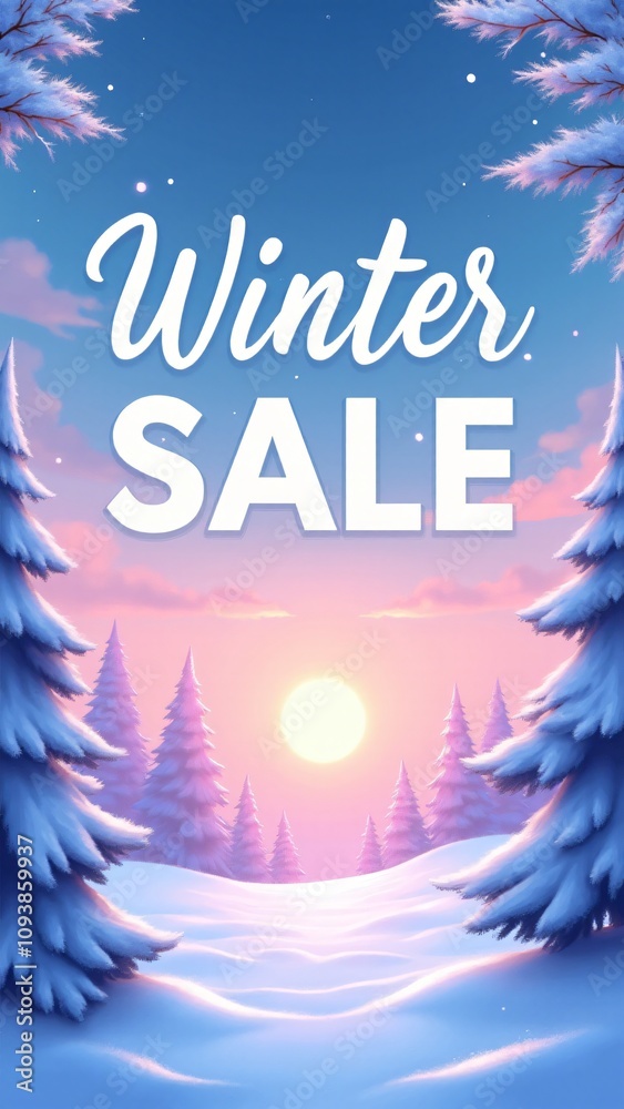 Stunning winter sale banner featuring a serene snowy landscape, pine trees, and a colorful sunset sky. Perfect for seasonal promotions, holiday ads, and winter campaigns. Stunning winter sale banner featuring a serene snowy landscape, pine trees, and a colorful sunset sky. Perfect for seasonal promotions, holiday ads, and winter campaigns.