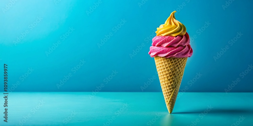 Delightful Ice Cream Cone Against a Vibrant Blue Background - Perfect for Summer Treats and Dessert Photography Delightful Ice Cream Cone Against a Vibrant Blue Background - Perfect for Summer Treats and Dessert Photography