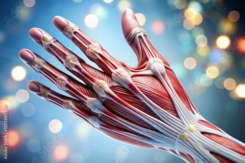 Detailed Anatomy of the Right Hand's Palmar Interosseous Muscles with Bokeh Effect, Highlighting the Intricate Structure and Function of These Critical Muscles photo