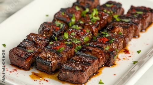 Grilled Beef Skewers with a Glaze of Soy Sauce and Spices, Garnished with Fresh Herbs on a White Serving Plate, Perfect for Barbecue or Outdoor Dining