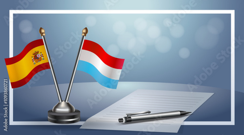 Japan and Luxembourg Small national flag on bokeh background, cooperative relationship