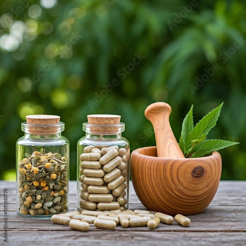 glass jars, mortar and pestle, scattered capsules, natural herbal supplements concept, herbal supplements, dried herbs, capsules, natural remedies, apothecary, rustic wood, green foliage, holistic hea photo