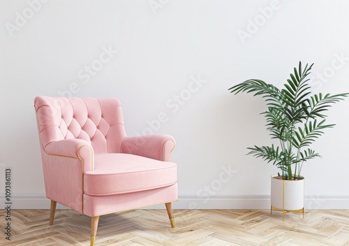 A pink armchair with gold legs in a minimal living room with a potted plant. The chair is positioned on a light wood floor against a white wall