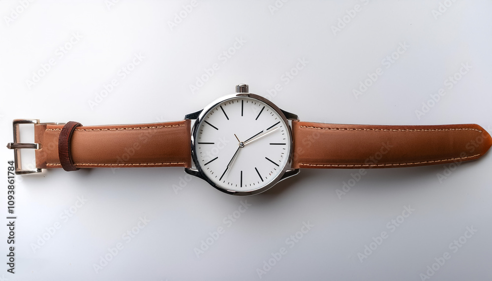 Analog watch with leather strap, photographed from a top angle on a white flat surface