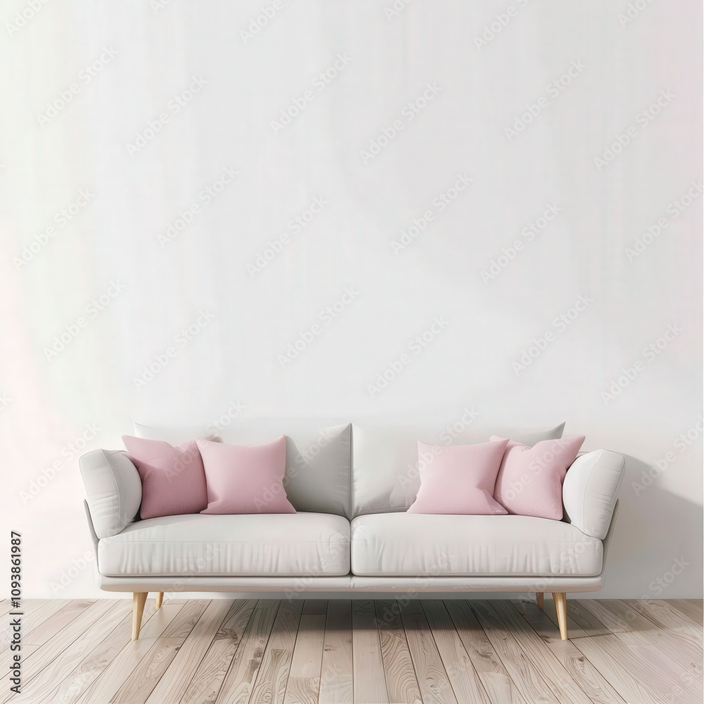 A gray sofa with pink pillows in a minimalist living room with a white wall and wooden floor A gray sofa with pink pillows in a minimalist living room with a white wall and wooden floor