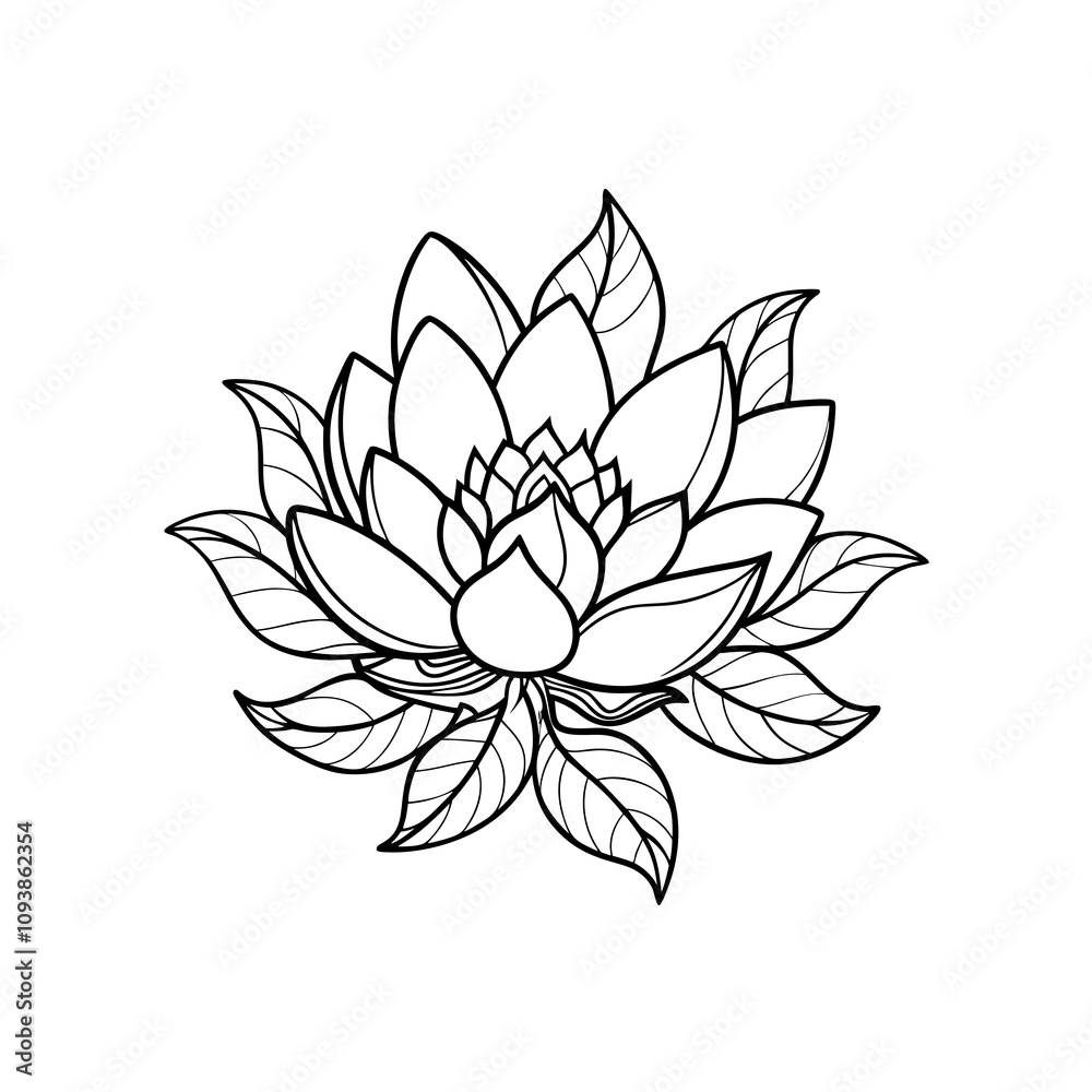 A hand-drawn line art of a lotus with leaves icon vector illustration line art A hand-drawn line art of a lotus with leaves icon vector illustration line art