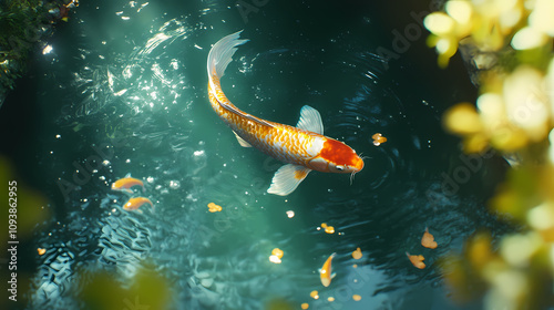 Vibrant koi fish gliding through a pond perfect for creating serene and peaceful water-themed backgrounds. Golden Fish Pond. Illustration photo