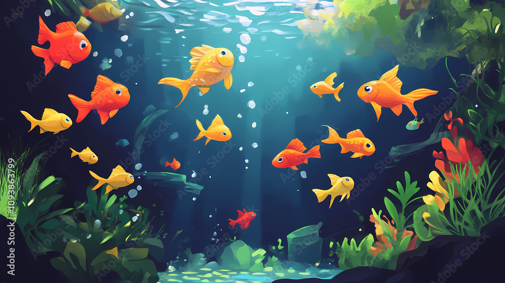 Fototapeta premium Colorful aquarium. Golden Fish Pond. Illustration