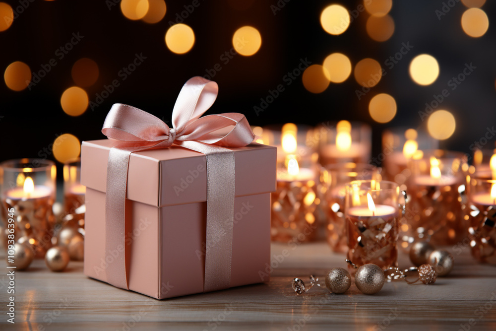 Cardboard gift box tied with satin ribbon on festive background, Cardboard gift box tied with satin ribbon on festive background,