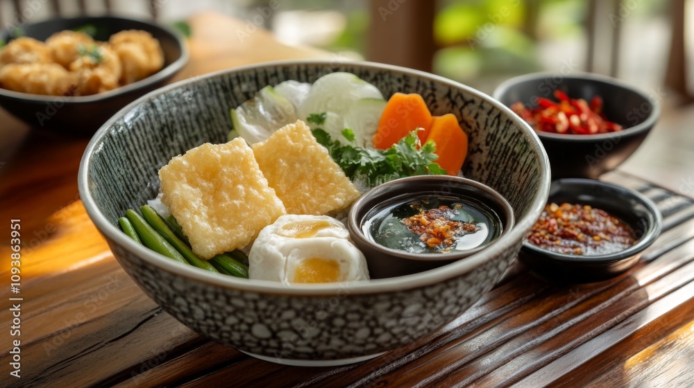 Fresh and Vibrant Asian Cuisine in a Bowl with Crispy Tofu, Colorful Vegetables, and Flavorful Dipping Sauces Perfect for Food Enthusiasts and Culinary Photography Fresh and Vibrant Asian Cuisine in a Bowl with Crispy Tofu, Colorful Vegetables, and Flavorful Dipping Sauces Perfect for Food Enthusiasts and Culinary Photography