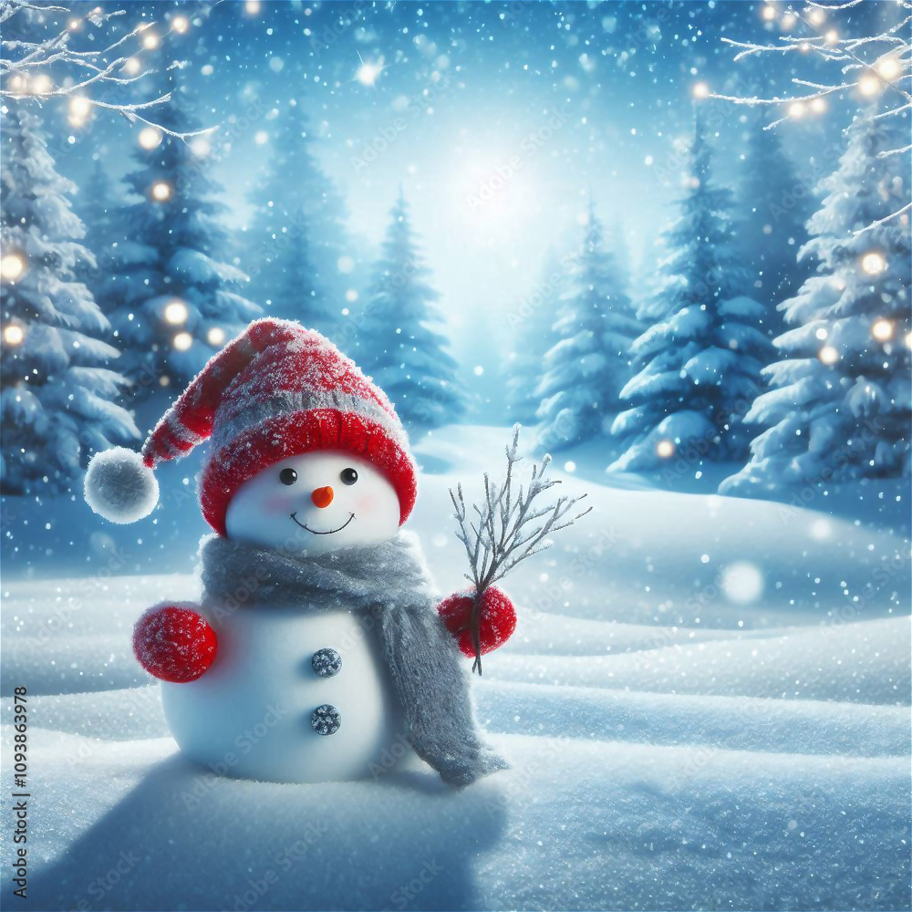 Fototapeta premium 빨간모자 쓴 눈사람,A snowman with a red hat