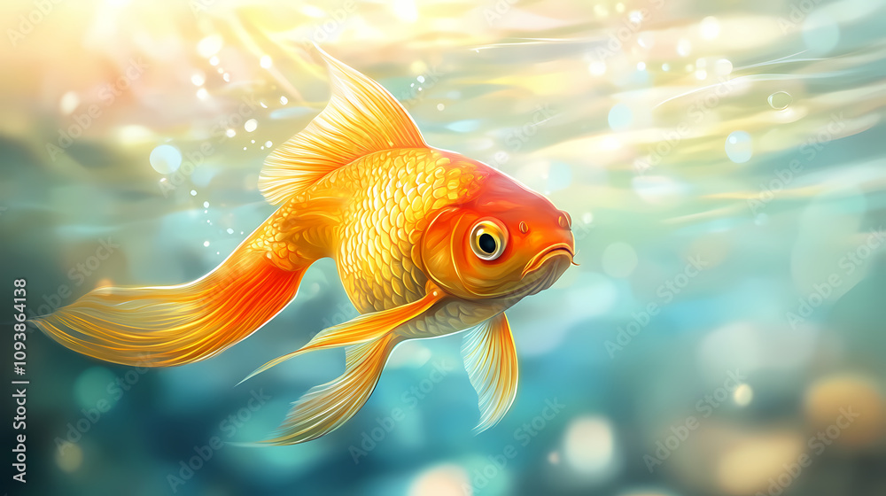 A majestic golden fish swimming in a crystal clear pond its scales shimmering in the sunlight. Golden Fish Pond. Illustration A majestic golden fish swimming in a crystal clear pond its scales shimmering in the sunlight. Golden Fish Pond. Illustration