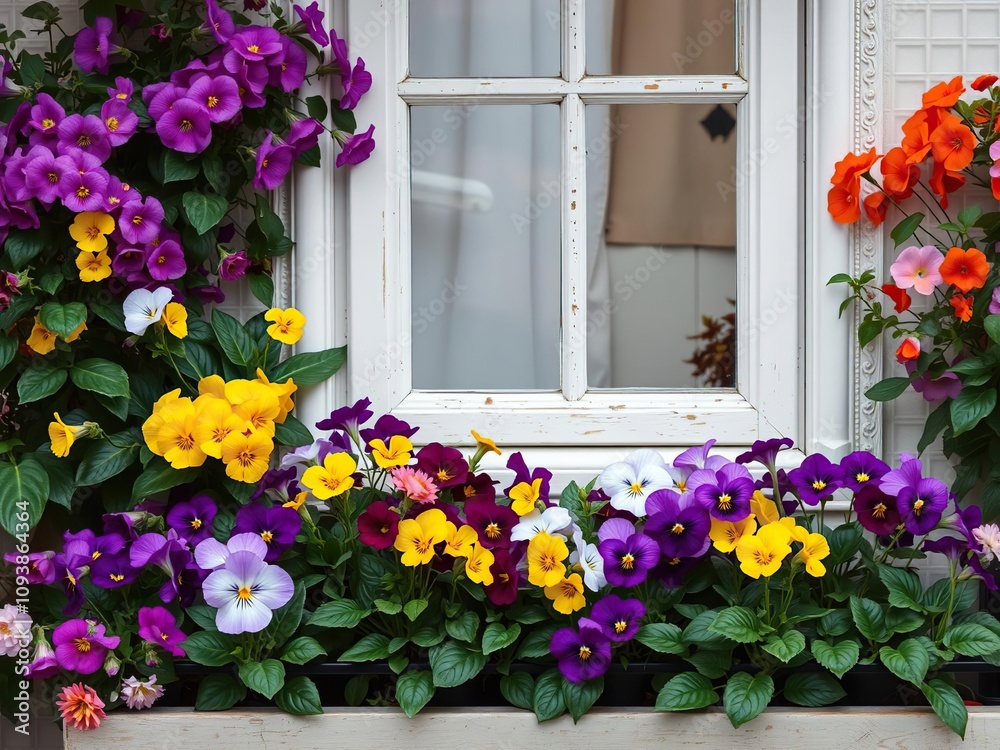 Blooming violas and flowers surrounding a cafe window with a flower bed, outdoor furniture, violas