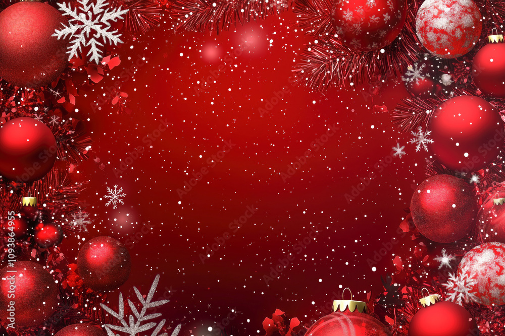 Christmas border with red baubles and snowflakes