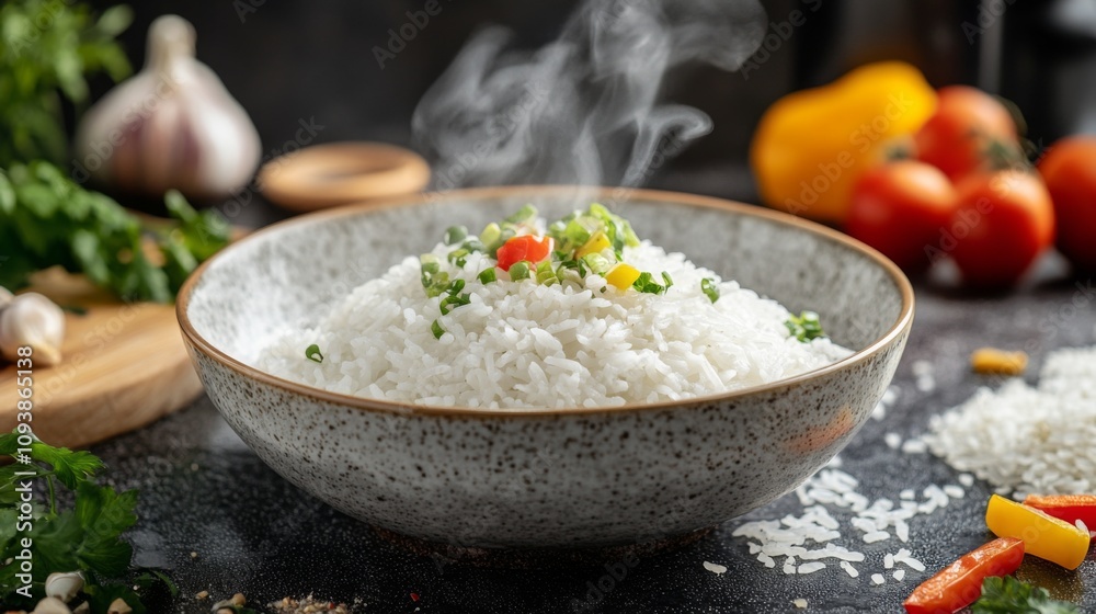 Steam Rising from Freshly Cooked Rice in a Bowl Surrounded by Colorful Vegetables and Aromatic Garlic in a Rustic Kitchen Setting Steam Rising from Freshly Cooked Rice in a Bowl Surrounded by Colorful Vegetables and Aromatic Garlic in a Rustic Kitchen Setting