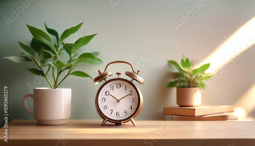 analog alarm clock is placed on a side table with a small plant detail behind it photo