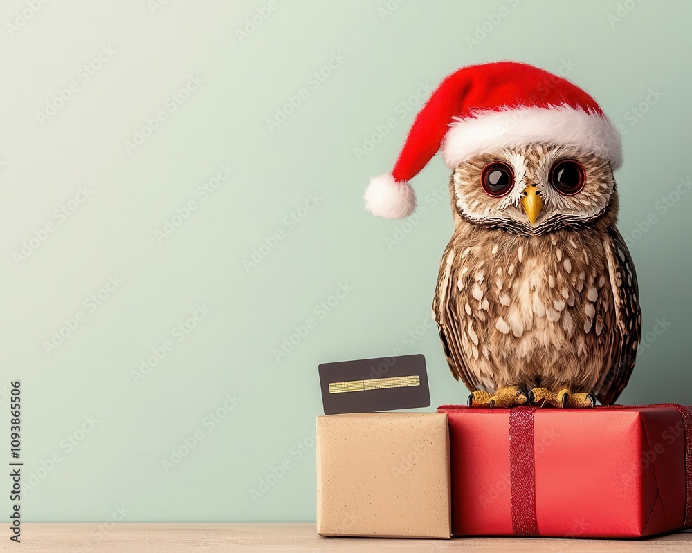 Obraz premium Holidaythemed owl doll wearing a Santa hat, perched on a gift pile with a credit card in its wing