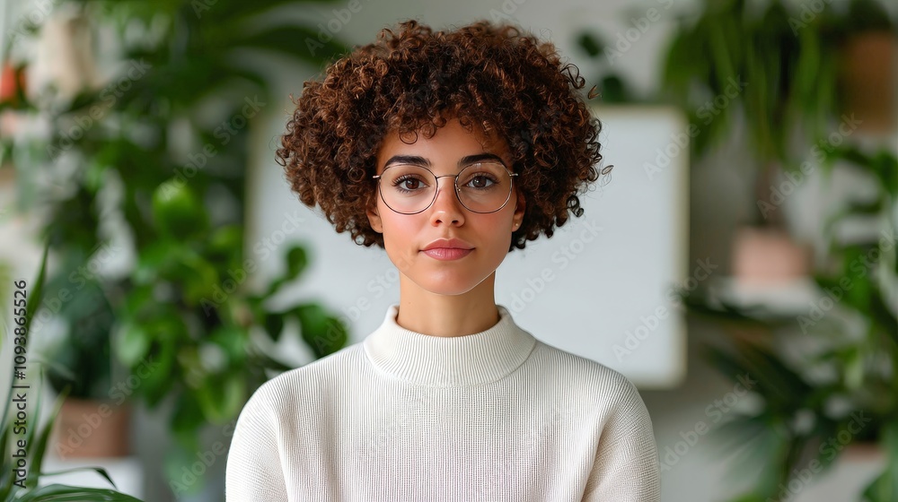Portrait of a young woman with curly hair and glasses, against a backdrop of lush indoor plants. Portrait of a young woman with curly hair and glasses, against a backdrop of lush indoor plants.