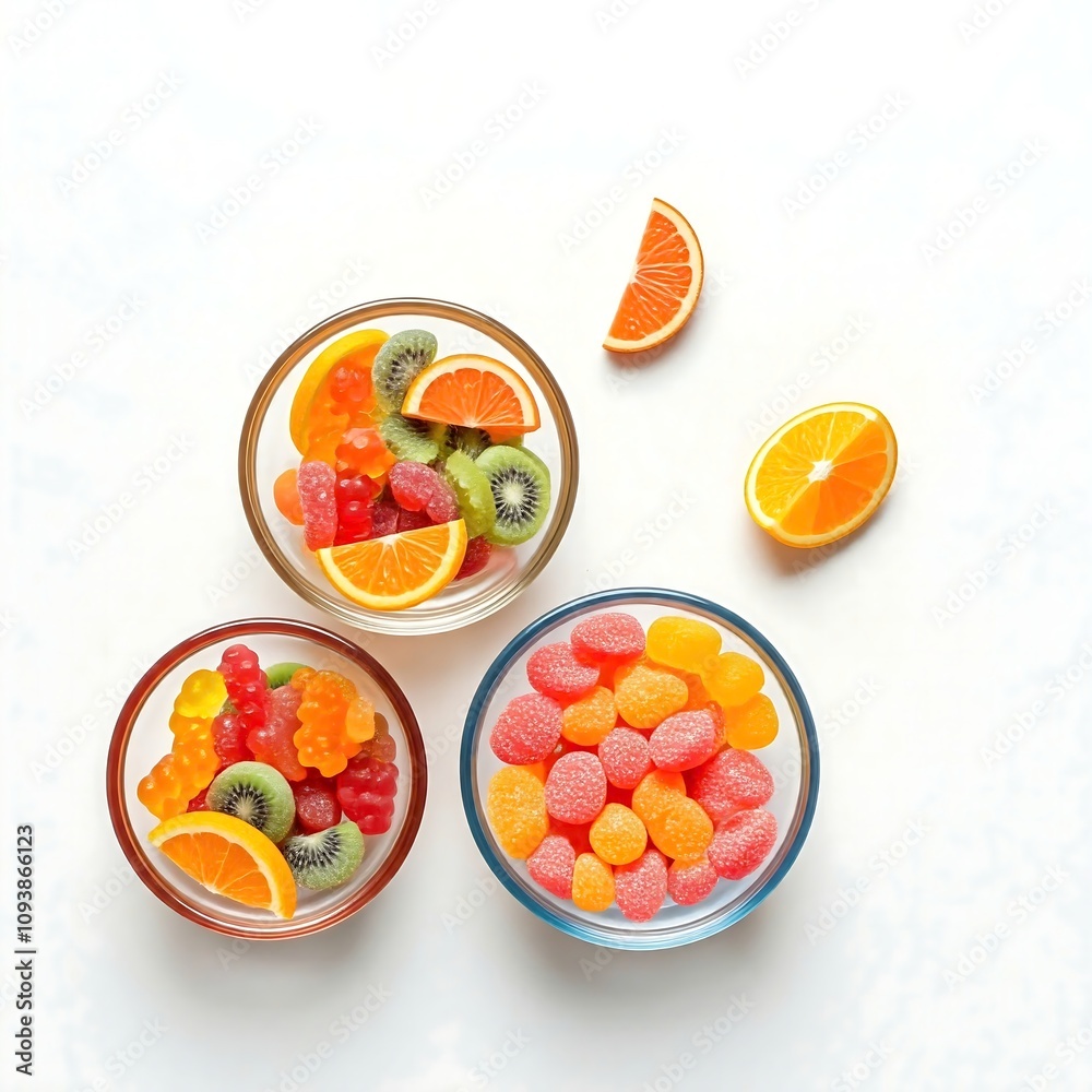 gummy vitamins, children's health, colorful gummies, playful design, fruit-based supplements, pastel tones, Gummy bears, fruit slices, glass bowls, medications, supplements ,medicine, capsules, pills gummy vitamins, children's health, colorful gummies, playful design, fruit-based supplements, pastel tones, Gummy bears, fruit slices, glass bowls, medications, supplements ,medicine, capsules, pills