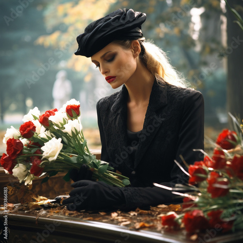 grieving widow with flowers in a cemetery,.  photo