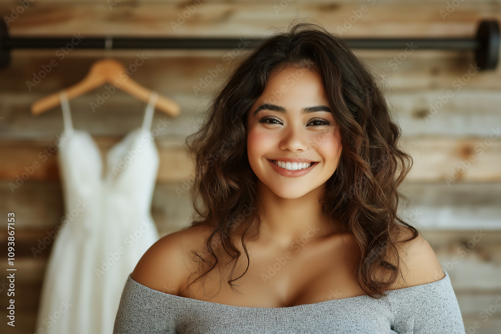 Portrait of happy young Hispanic woman ready for a workout in preparation for her wedding day, bridal dress hanging in background Portrait of happy young Hispanic woman ready for a workout in preparation for her wedding day, bridal dress hanging in background