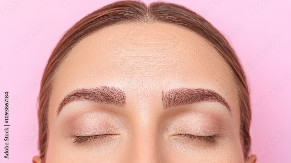 Close-up of a woman's face with perfectly shaped eyebrows, eyes closed, on a pink background. Close-up of a woman's face with perfectly shaped eyebrows, eyes closed, on a pink background.