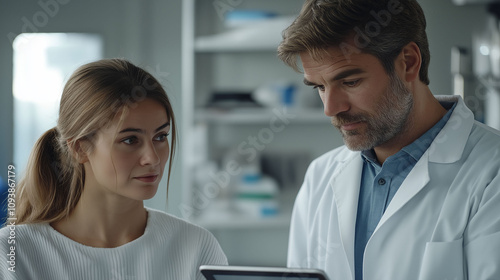 Doctor holding a tablet while talking to his patient, in office