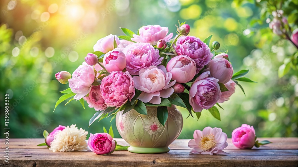 Obraz premium Elegant Bouquet of Peonies in Soft Pastel Tones, Perfect for Floral Arrangements, Wedding Decor, and Special Occasions, Captured in Natural Light for a Fresh and Romantic Look