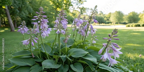 cluster of purple hosta flowers in a green garden on a sunny day, outdoor garden, flowering plants, sunlight photo