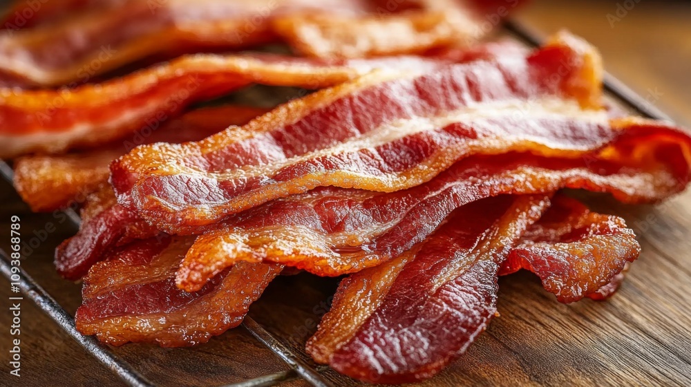 Crispy Cooked Bacon Strips on a Wire Rack Ready for Serving in a Warm and Inviting Kitchen Setting with Rich Color and Texture Highlighted Crispy Cooked Bacon Strips on a Wire Rack Ready for Serving in a Warm and Inviting Kitchen Setting with Rich Color and Texture Highlighted