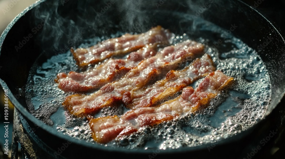 Crispy Bacon Cooking in a Hot Skillet, Sizzling and Bubbling in Grease, Perfectly Golden Brown, Mouthwatering Breakfast Dish in a Rustic Pan Crispy Bacon Cooking in a Hot Skillet, Sizzling and Bubbling in Grease, Perfectly Golden Brown, Mouthwatering Breakfast Dish in a Rustic Pan