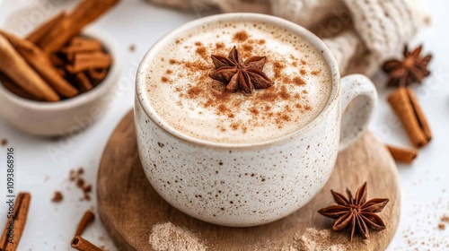 Cozy Spiced Latte with Cinnamon and Star Anise in a Rustic Mug