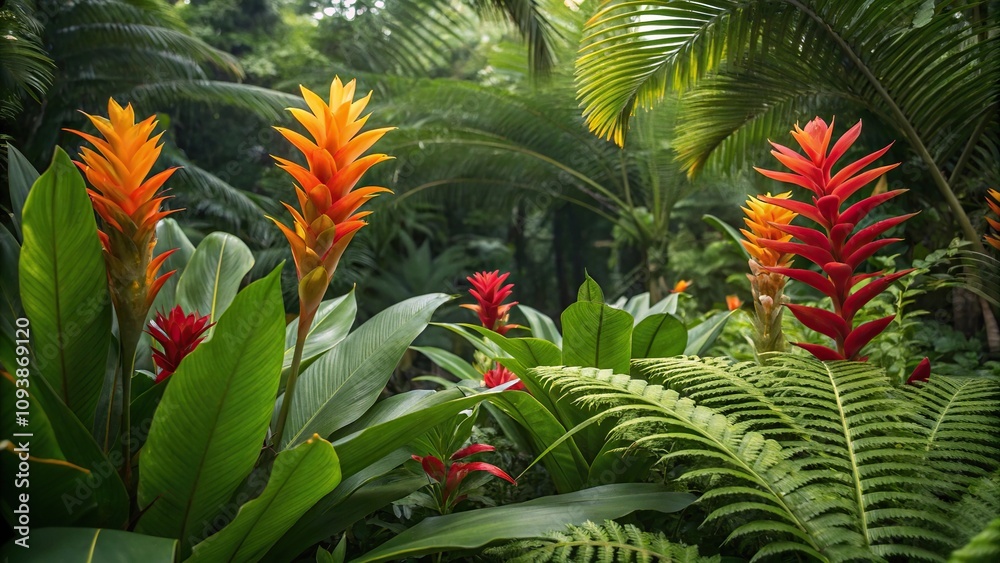 Colorful Ginger Flowers with Palm Leaves and Ferns, ginger flowers, floral, tropical plants, ferns, botanical Colorful Ginger Flowers with Palm Leaves and Ferns, ginger flowers, floral, tropical plants, ferns, botanical