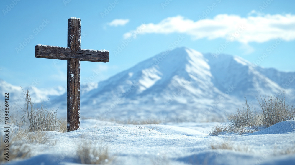 wooden cross stands tall against a blurred snow-covered background symbolizing faith solitude and resilience amidst harsh conditions the simplicity of the scene evokes contemplation and peace wooden cross stands tall against a blurred snow-covered background symbolizing faith solitude and resilience amidst harsh conditions the simplicity of the scene evokes contemplation and peace