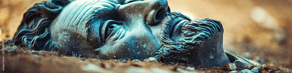 A broken statue of a historic American figure, lying on the ground. A broken statue of a historic American figure, lying on the ground.