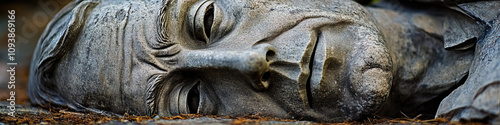 A broken statue of a historic American figure, lying on the ground. photo