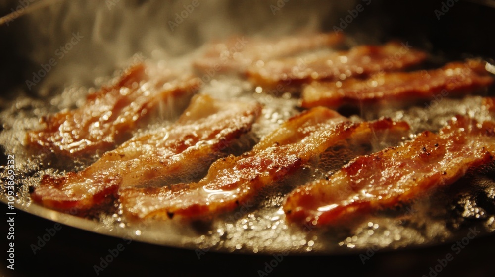 Crispy Bacon Sizzling in a Hot Frying Pan with Aromatic Steam Rising, Perfect for Breakfast Dishes, Cookbooks, and Cooking Blogs Crispy Bacon Sizzling in a Hot Frying Pan with Aromatic Steam Rising, Perfect for Breakfast Dishes, Cookbooks, and Cooking Blogs