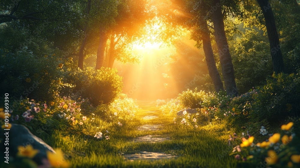 Sunlit path through a vibrant, floral forest. Sunlit path through a vibrant, floral forest.