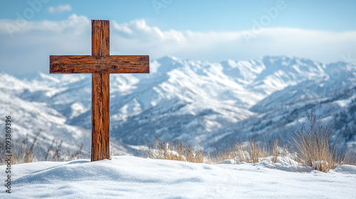 wooden cross stands tall against a blurred snow-covered background symbolizing faith solitude and resilience amidst harsh conditions the simplicity of the scene evokes contemplation and peace