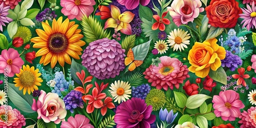 Elegant Floral Pattern Design Featuring Vivid Blooms and Lush Greenery in a Balanced Composition, Perfect for Textiles, Wallpapers, and Home Decor Inspirations